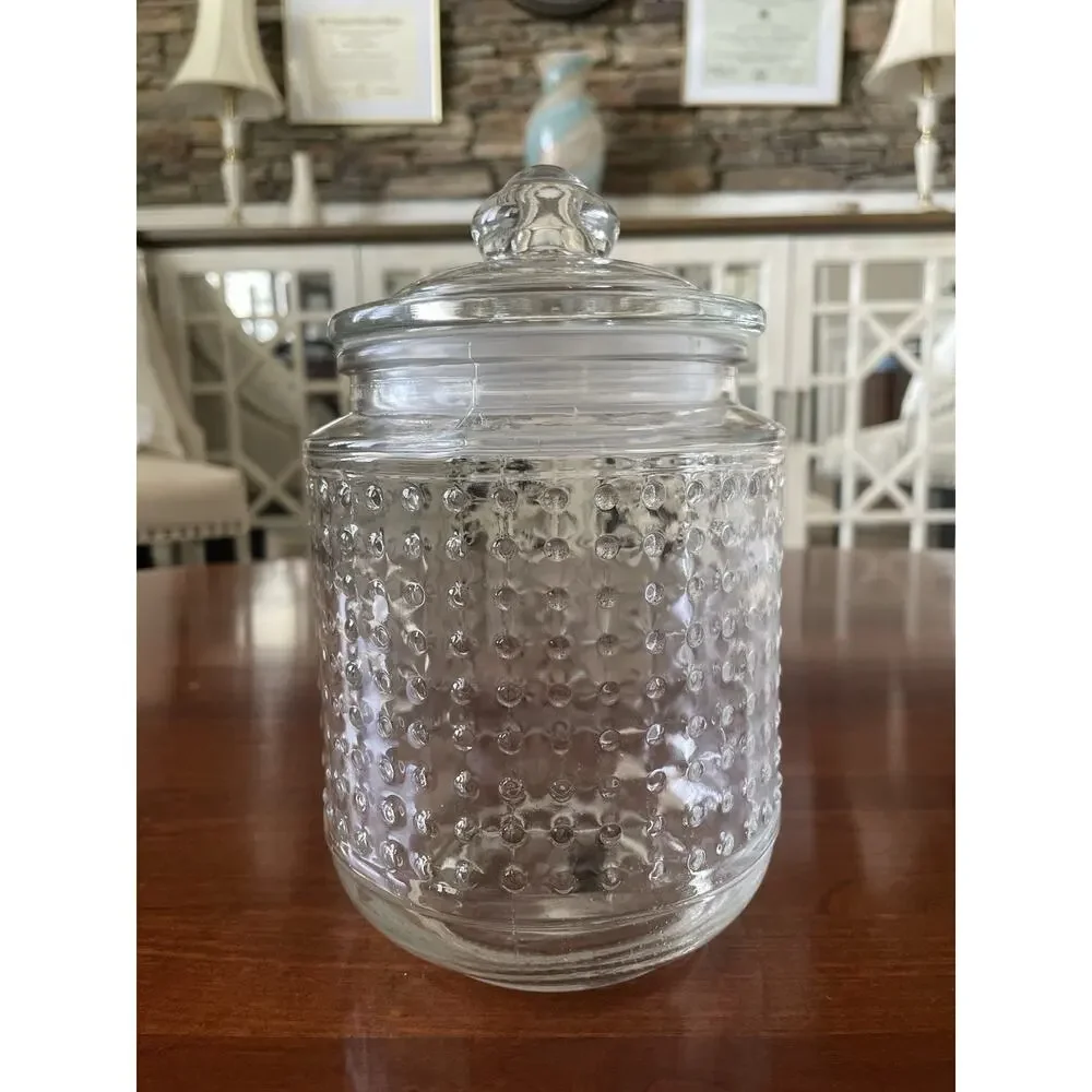 Vintage Unique Hobnob Glass Lidded Jar with Seal and Glass Handle 6x4 Apothecary